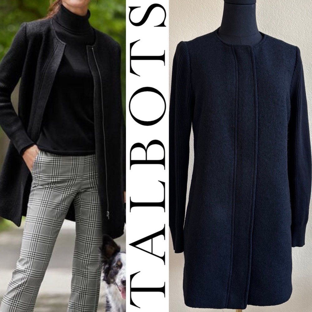 Talbots Black Wool Blend Ribbed Sleeve Zip Coat, XS | Office, Travel, Work, Lux
